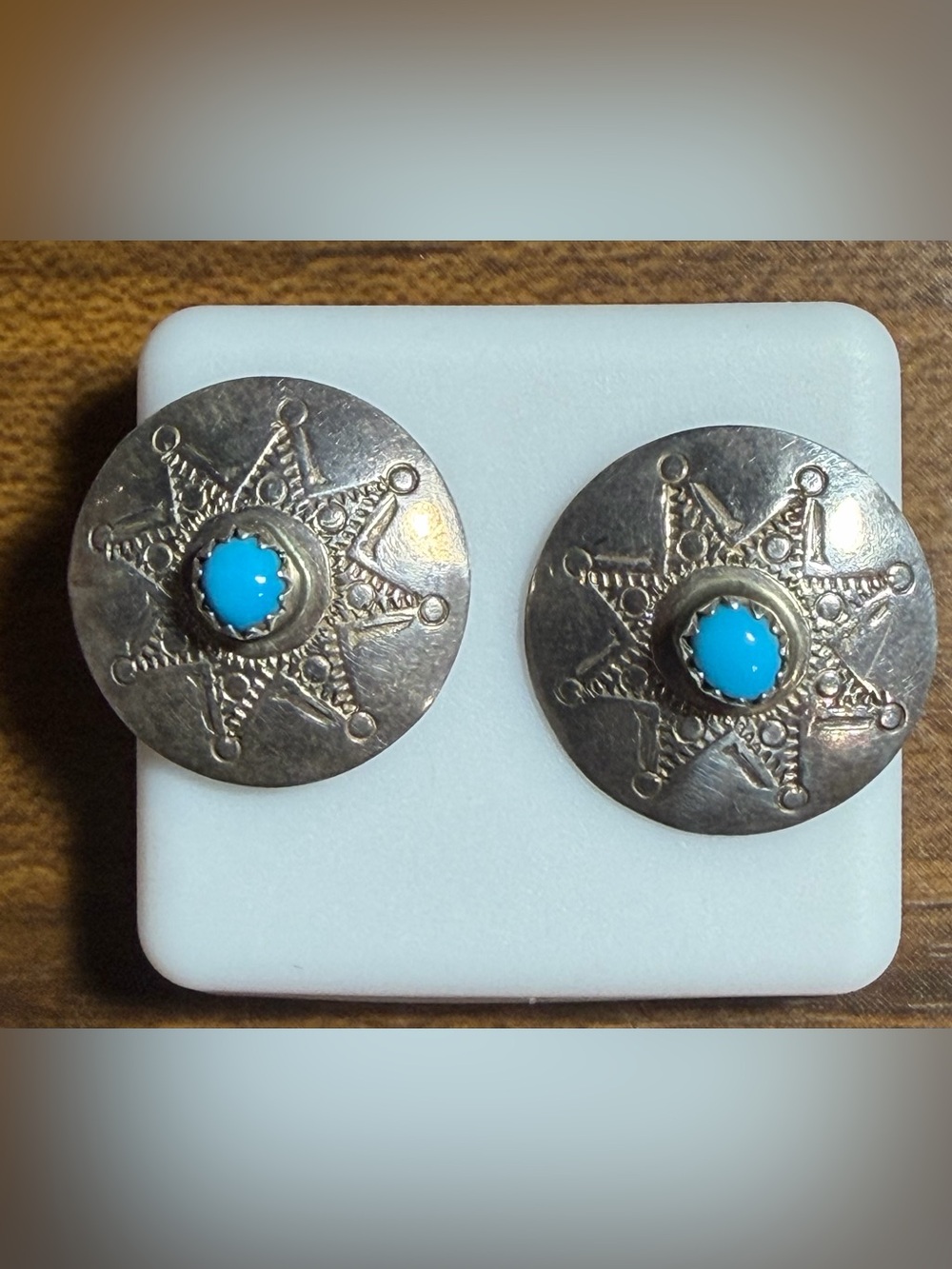 Vintage Nel J Navajo Sterling Silver Turquoise Sunburst Stud Earrings .75”